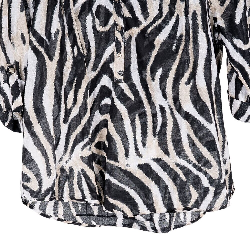 Westbound Zebra Print Shirt PL Petite L Sheer VNeck Black Cream Roll Tab Sleeve - Picture 3 of 6
